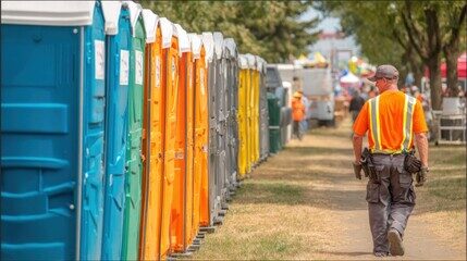 Row of colorful portable restrooms lined up for an outdoor event