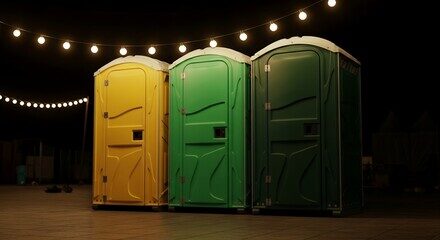 Colorful portable restrooms lit by string lights at an evening festival