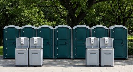 Standalone hand-washing stations placed alongside portable restroom units