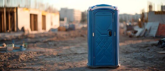 Blue portable restroom unit staged on an active construction site