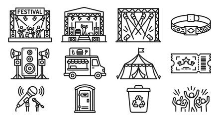 Icon set showing use cases: festivals, concert stages, food trucks, tents, ticketed events, and crowds