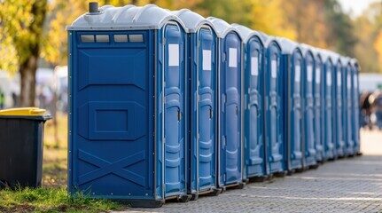 Row of blue portable restrooms in a park
