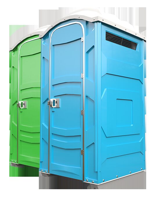 Green and light blue portable restroom units shown in a studio product photo