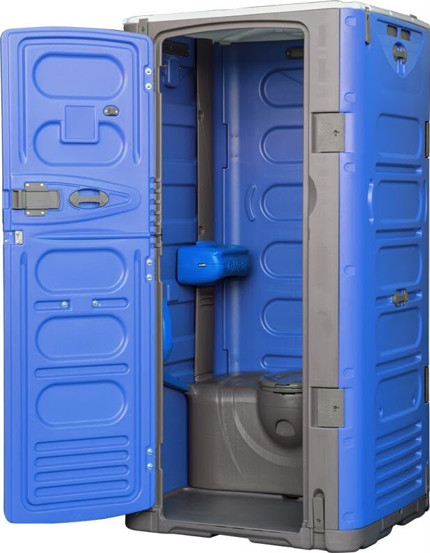 Portable restroom unit shown with door open revealing the interior