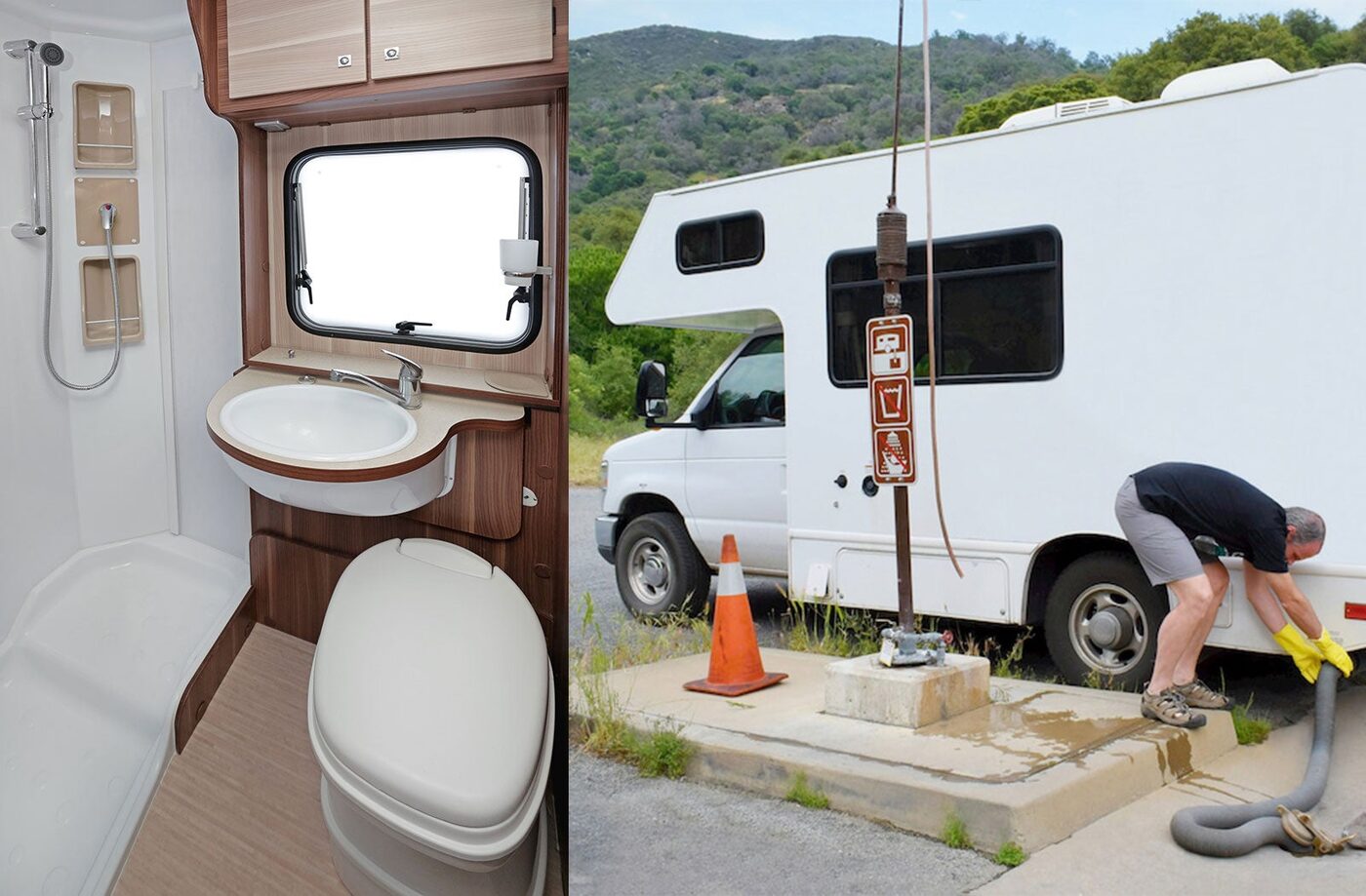 RV bathroom interior and roadside septic dump station used for remote sanitation reference