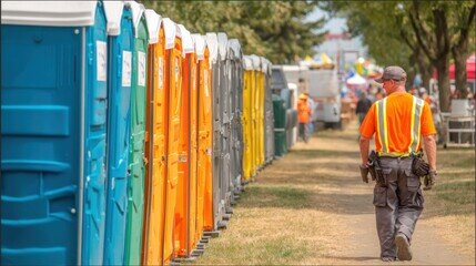 Row of colorful portable restrooms staged for an outdoor event