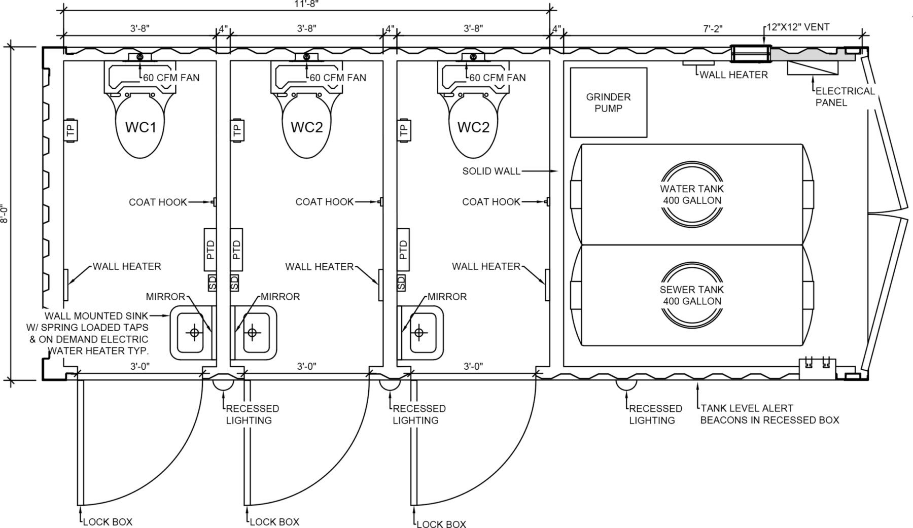 Technical schematic drawing of a three-stall restroom trailer